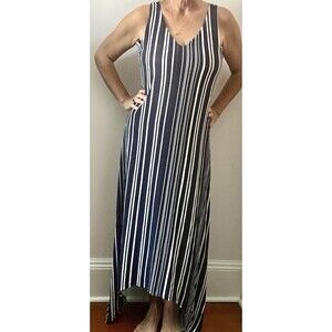 Tommy Bahama M Navy White Stripe Maxi Dress Sharkbite Hem Coastal Resort